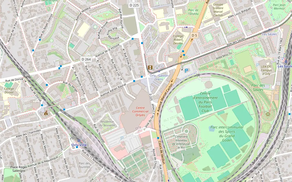 Plan du quartier Gaston Viens à Orly : centre commercial Orlydis, D225, D5 et gare d’Orly-Ville
