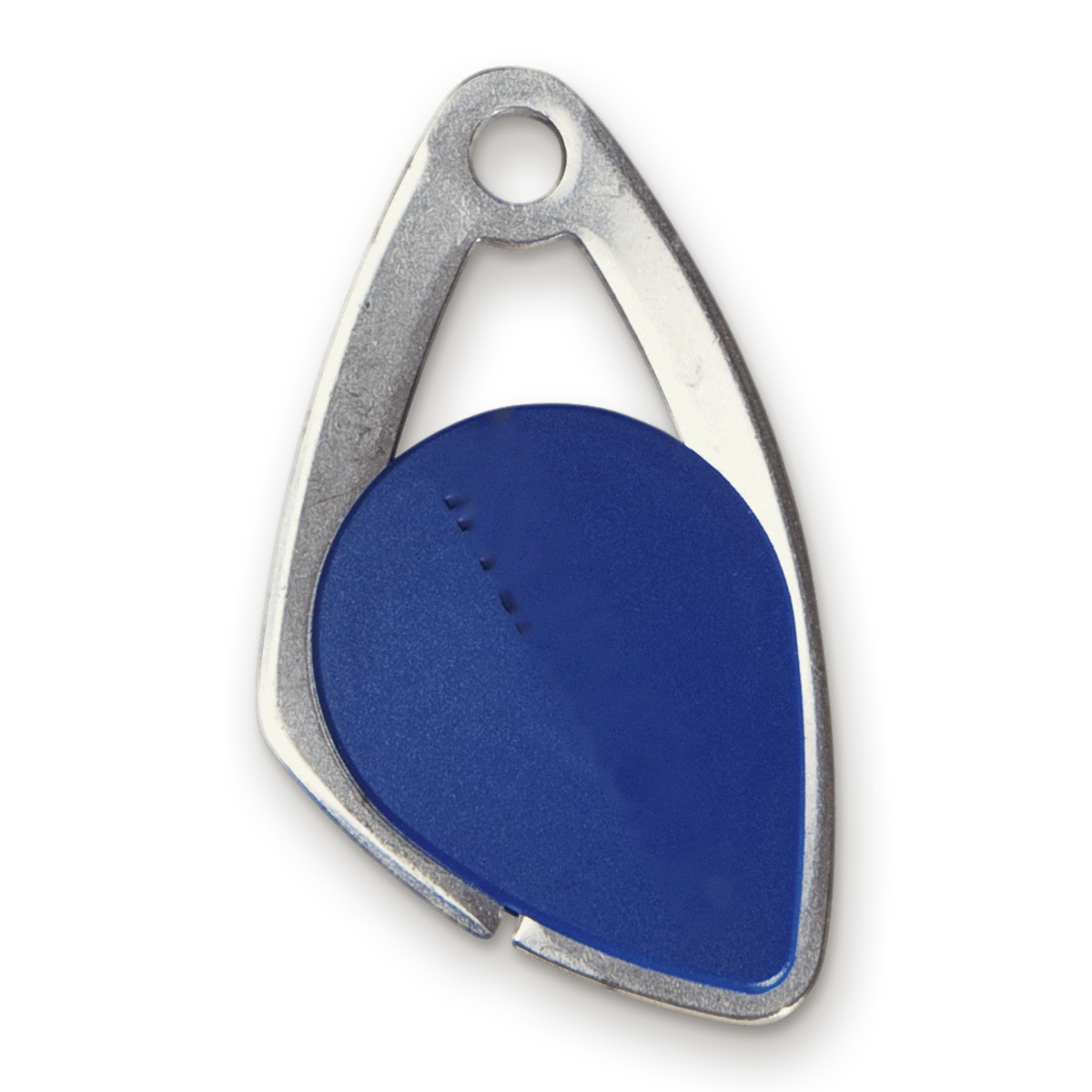 Badge d’immeuble Vigik en forme de goutte, bleu cerclé de métal