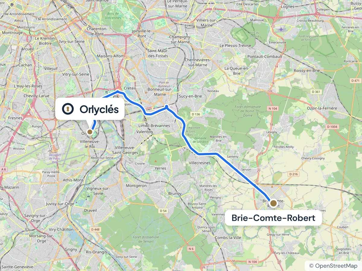 Itinéraire de Brie-Comte-Robert au centre E.Leclerc d’Orly, 23,9 km
