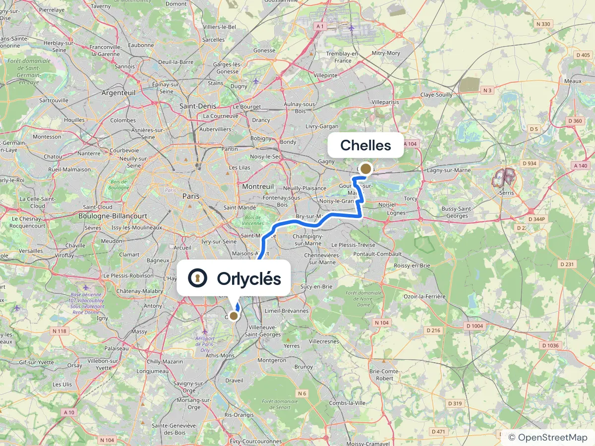 Itinéraire de Chelles au centre E.Leclerc d’Orly, 28,8 km