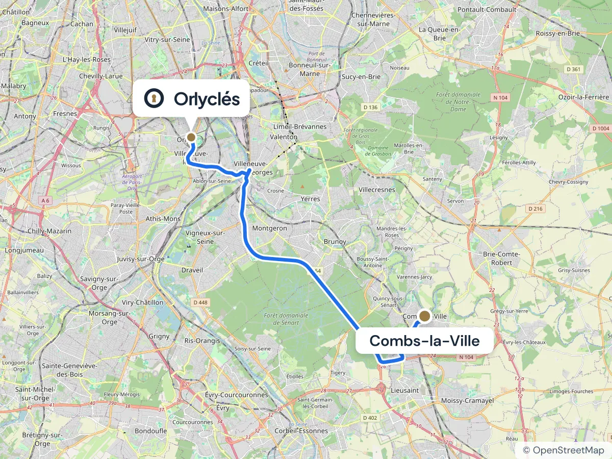 Itinéraire de Combs-la-Ville au centre E.Leclerc d’Orly, 21,7 km