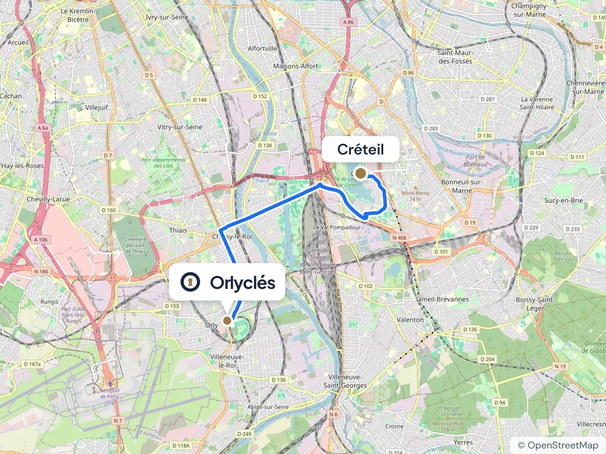 Itinéraire de Créteil au centre E.Leclerc d’Orly, 8,8 km