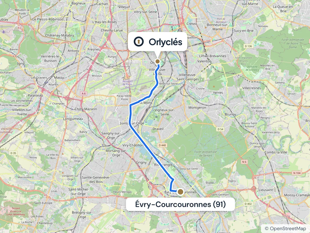 Itinéraire d’Évry-Courcouronnes au centre E.Leclerc d’Orly, 17 km