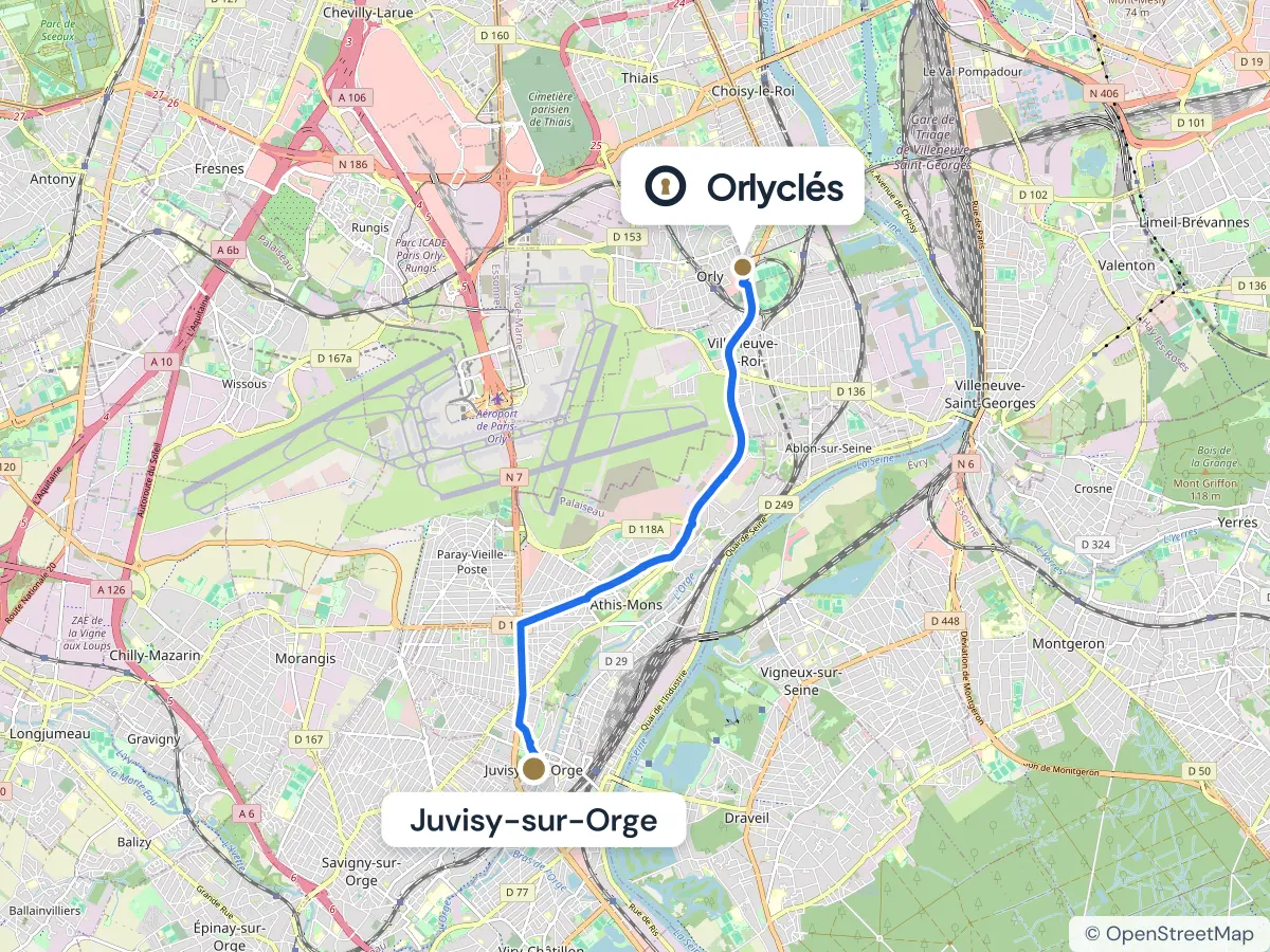 Itinéraire de Juvisy-sur-Orge au centre E.Leclerc d’Orly, 7,8 km