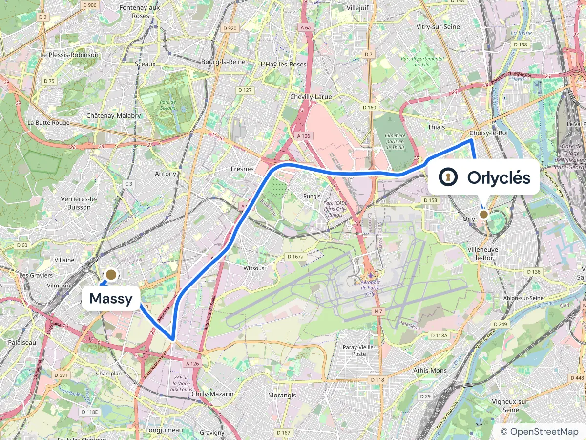 Itinéraire de Massy au centre E.Leclerc d’Orly, 15,4 km