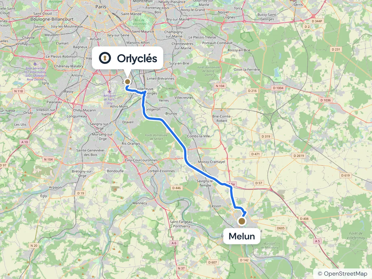 Itinéraire de Melun au centre E.Leclerc d’Orly, 35,8 km