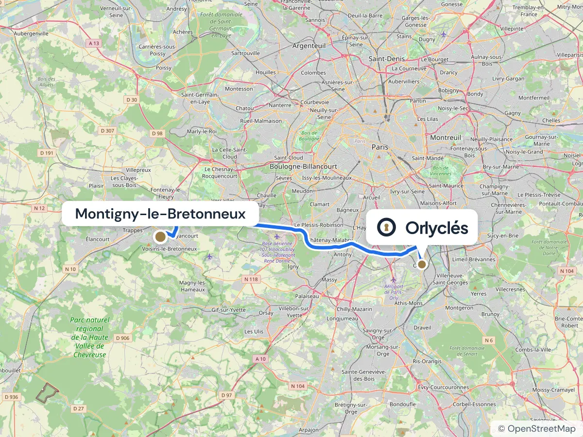 Itinéraire de Montigny-le-Bretonneux au centre E.Leclerc d’Orly, 32,7 km