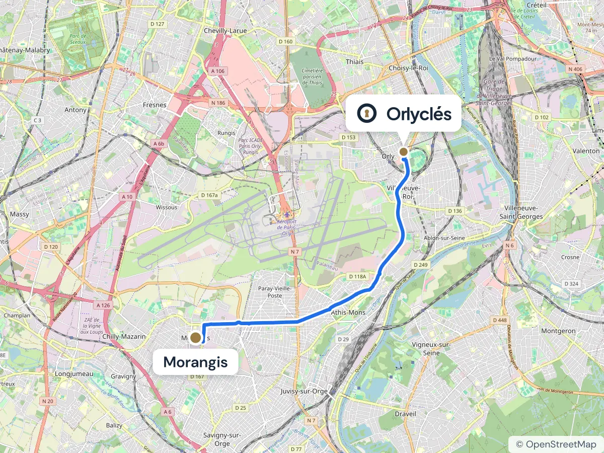 Itinéraire de Morangis au centre E.Leclerc d’Orly, 9 km
