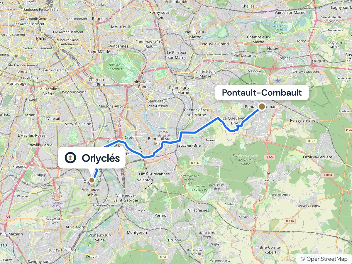 Itinéraire de Pontault-Combault au centre E.Leclerc d’Orly, 21,7 km