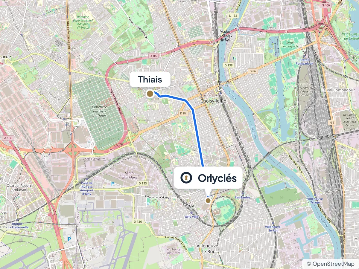 Itinéraire de Thiais au centre E.Leclerc d’Orly, 3 km