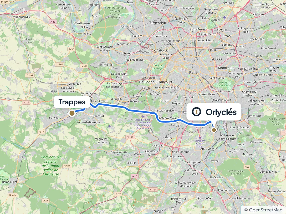 Itinéraire de Trappes au centre E.Leclerc d’Orly, 35,3 km