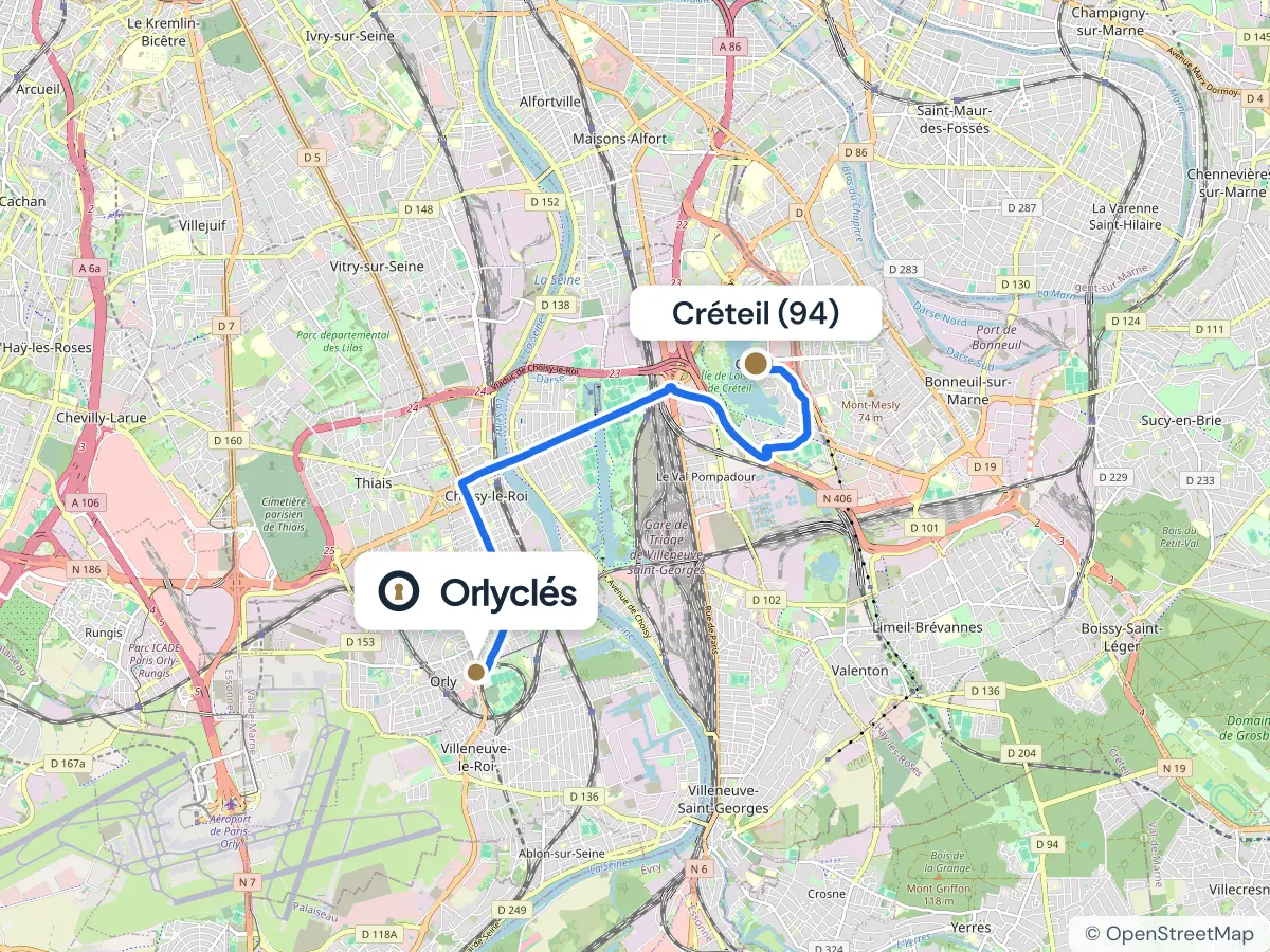 Itinéraire de Créteil au centre E.Leclerc d’Orly, 8,8 km