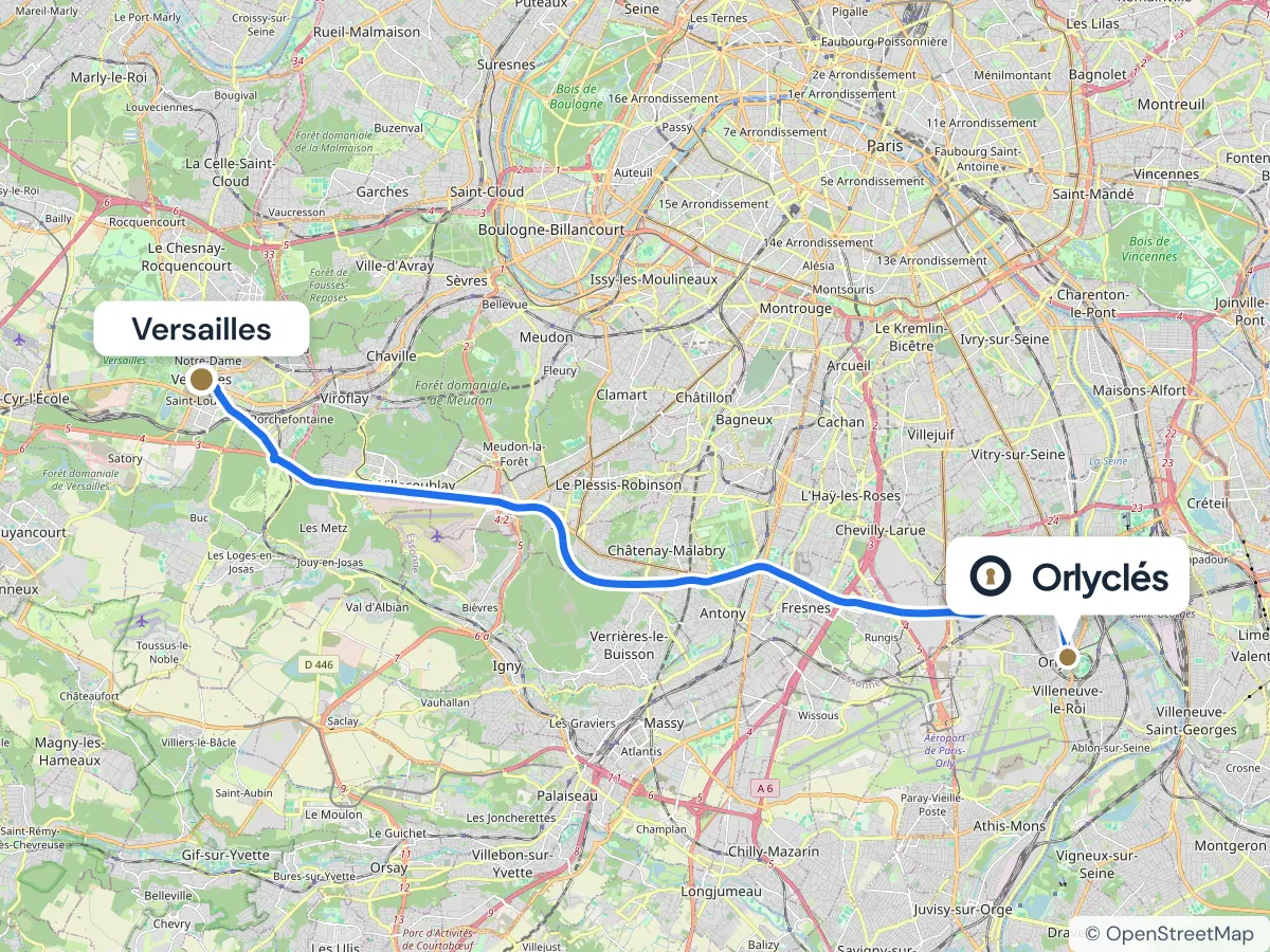 Itinéraire de Versailles au centre E.Leclerc d’Orly, 25 km