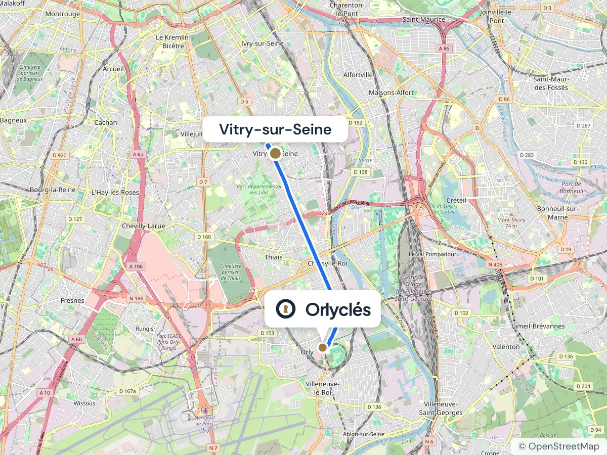 Itinéraire de Vitry-sur-Seine au centre E.Leclerc d’Orly, 6 km