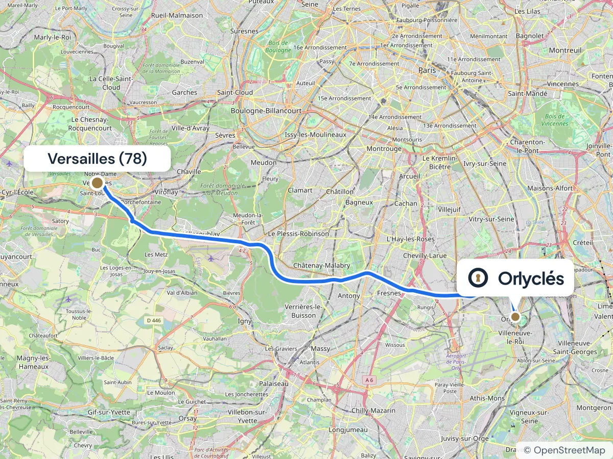 Itinéraire de Versailles au centre E.Leclerc d’Orly, 25 km