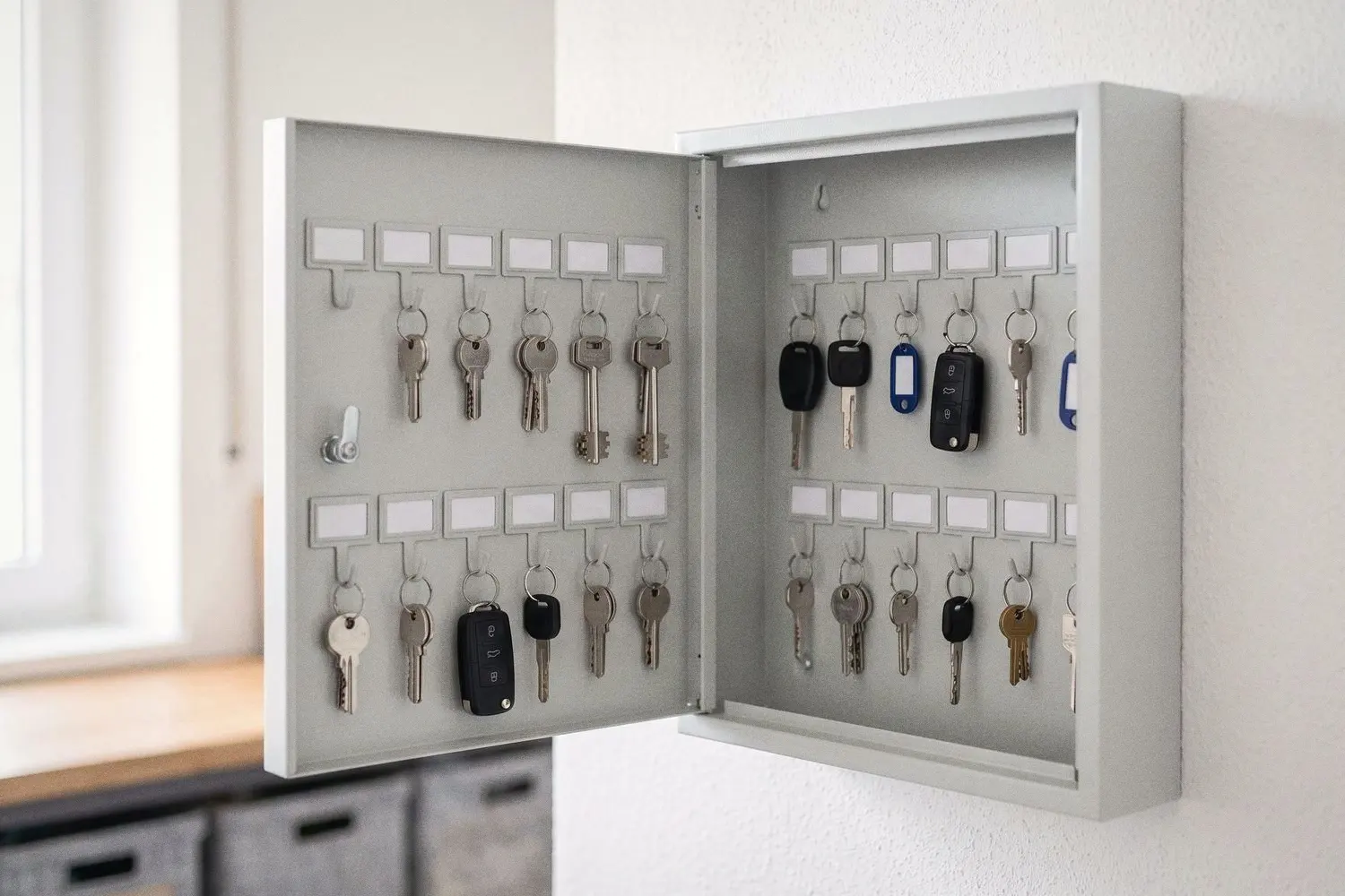 Armoire à clés murale ouverte, clés étiquetées sur leurs crochets