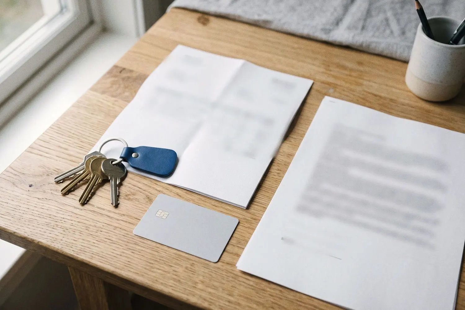 Bureau en bois clair : trousseau de clés à porte-clés bleu, carte bancaire vierge, facture et contrat au texte flouté