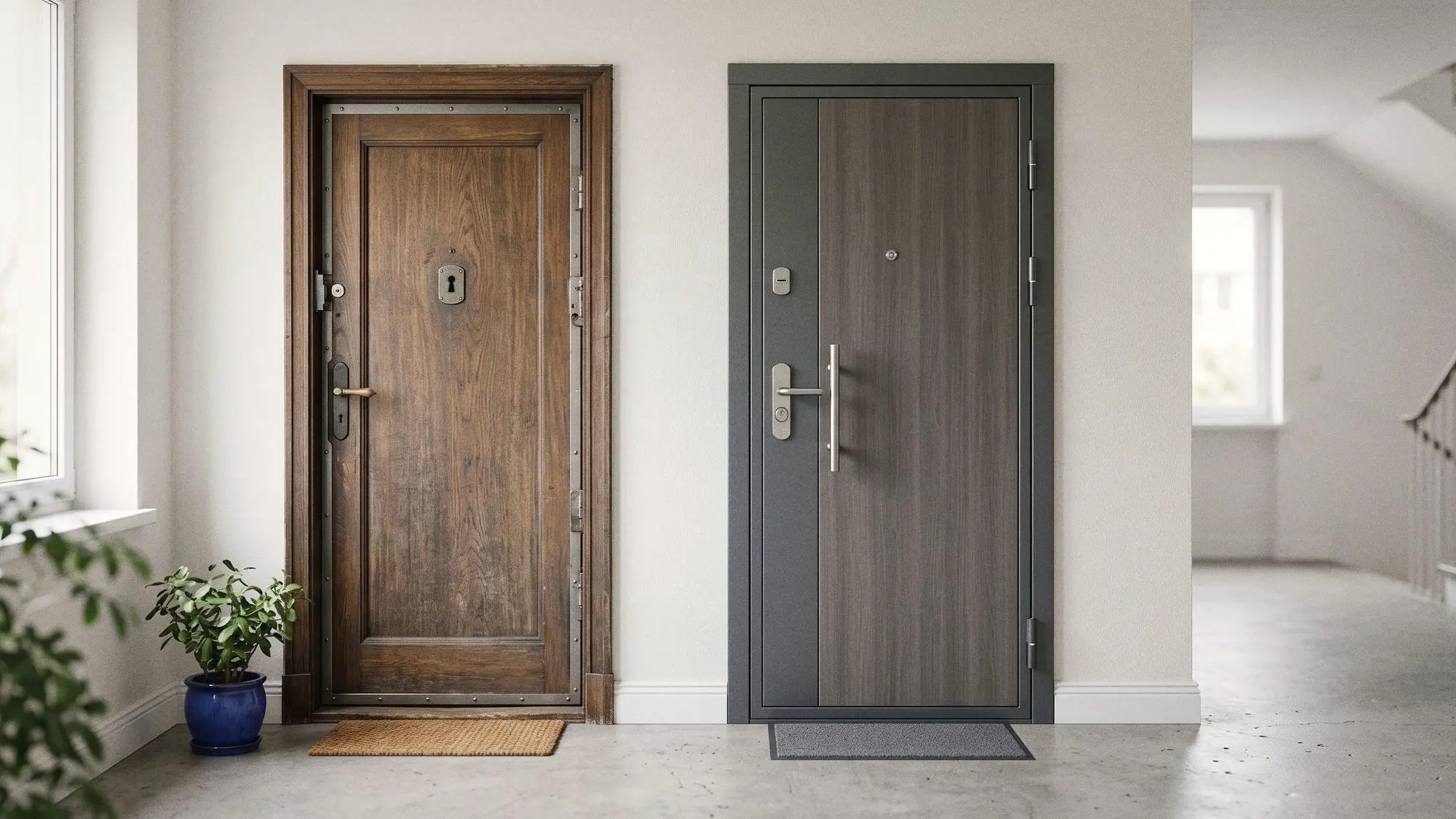 Une porte d’entrée en bois et une porte blindée grise côte à côte