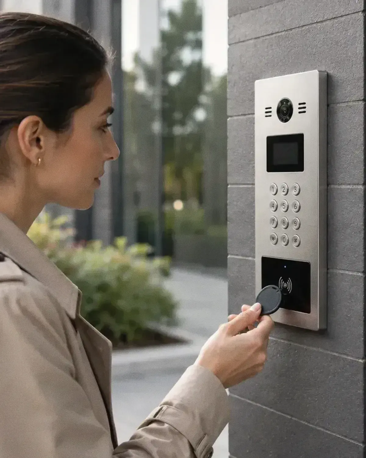 Une résidente présente son badge au lecteur de l’interphone, à l’entrée de son immeuble