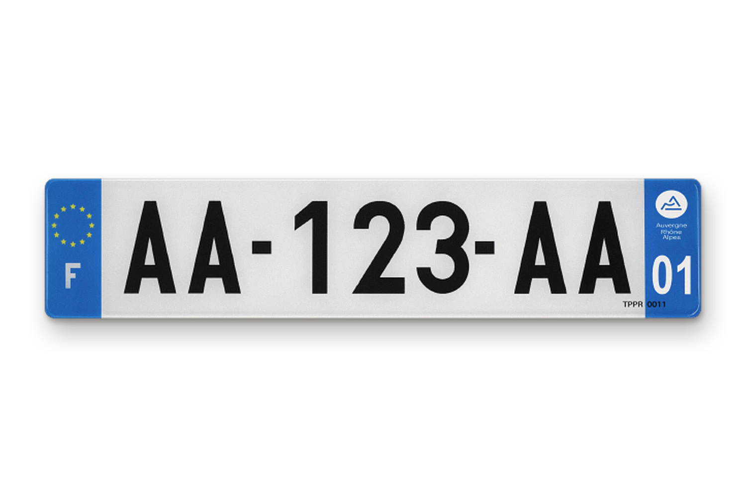Plaque d’immatriculation de voiture AA-123-AA, bandeaux bleus F et 01