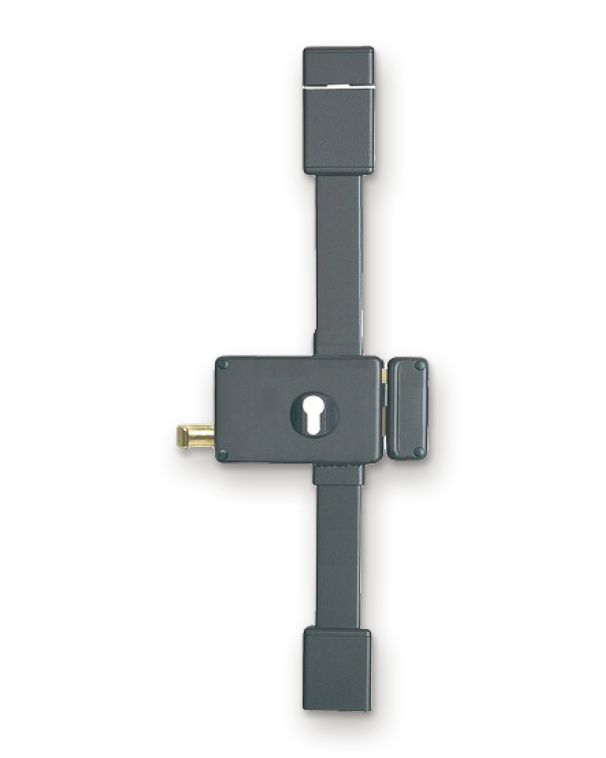 Serrure 3 points en applique grise, cylindre laiton, tringles haute et basse apparentes