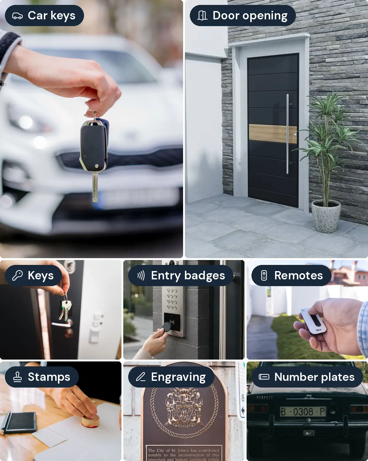 Car keys, locksmith, door opening, key copies, entry badges, remotes, stamps, engraving and number plates near Orly Airport: Orlyclés, E.Leclerc centre in Orly